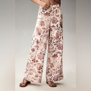 Anthropologie Wide-Leg Floral Linen Pants in Cream and Mauve